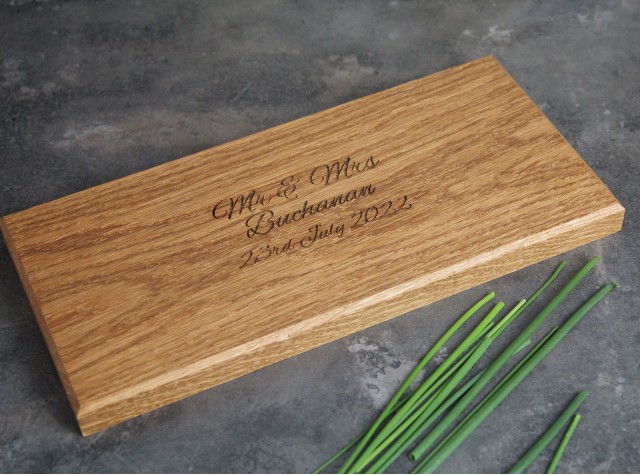 personalised oak tray with chrome handles 140x300